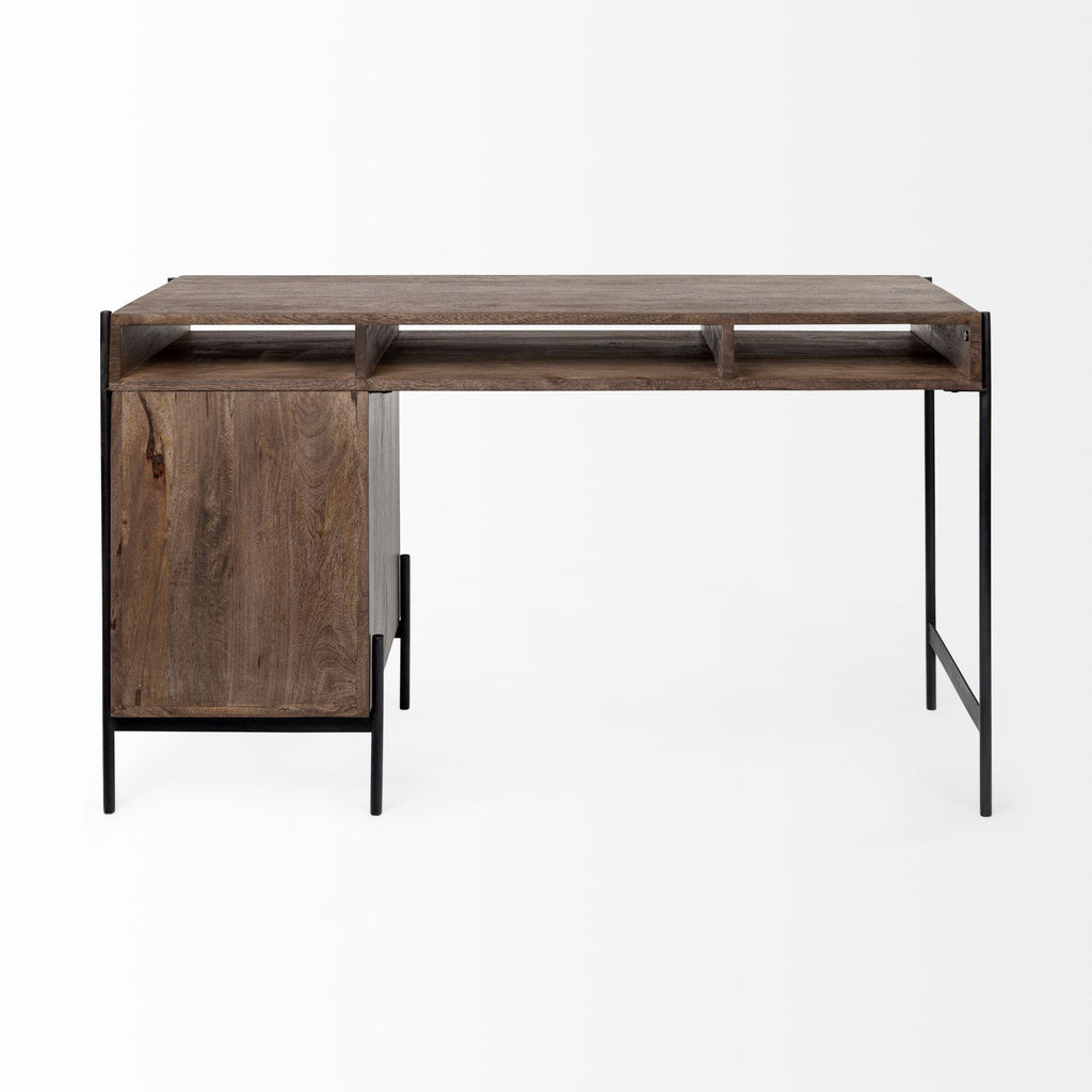 56" Medium Brown Wooden Writing Desk With 3 Drawers And 3 Open Shelves