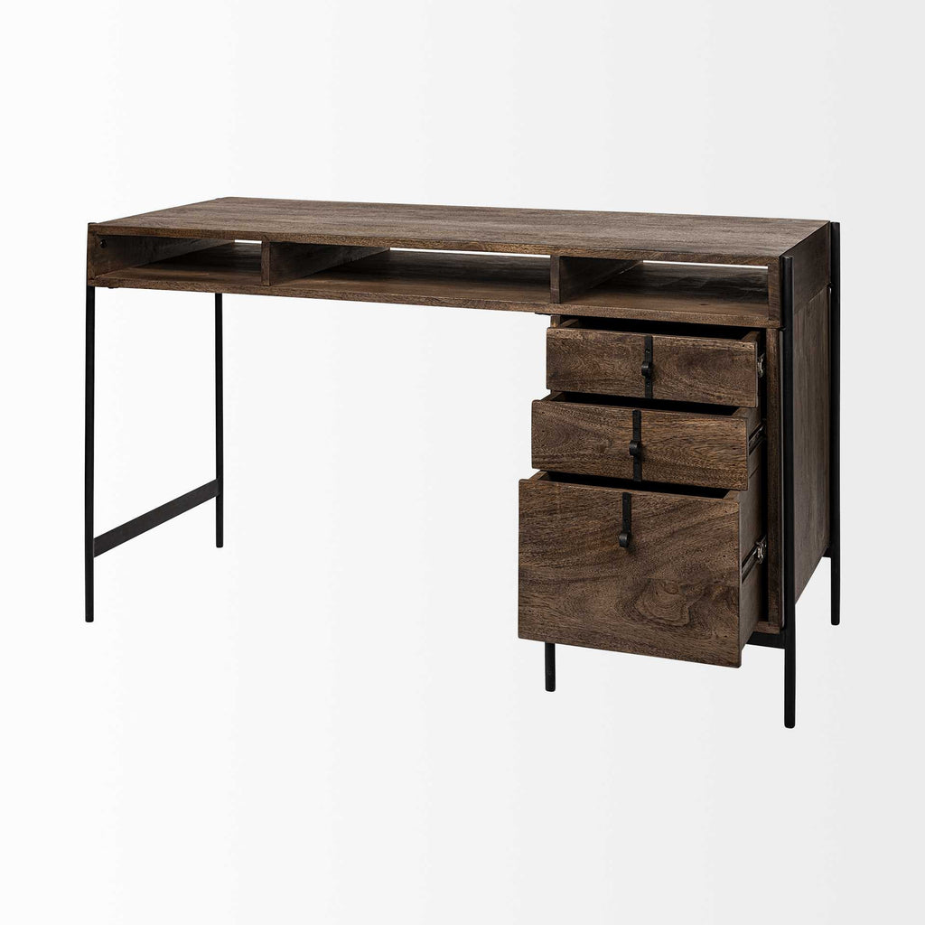 56" Medium Brown Wooden Writing Desk With 3 Drawers And 3 Open Shelves