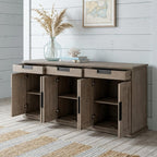 82" Brown Solid Wood Three Drawer Sideboard with Six Doors