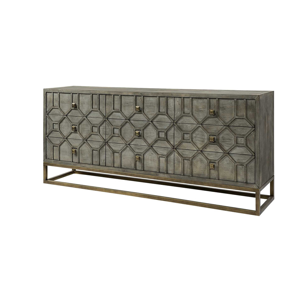 16" Brown And Antiqued Gold Solid Wood Nine Drawer Sideboard