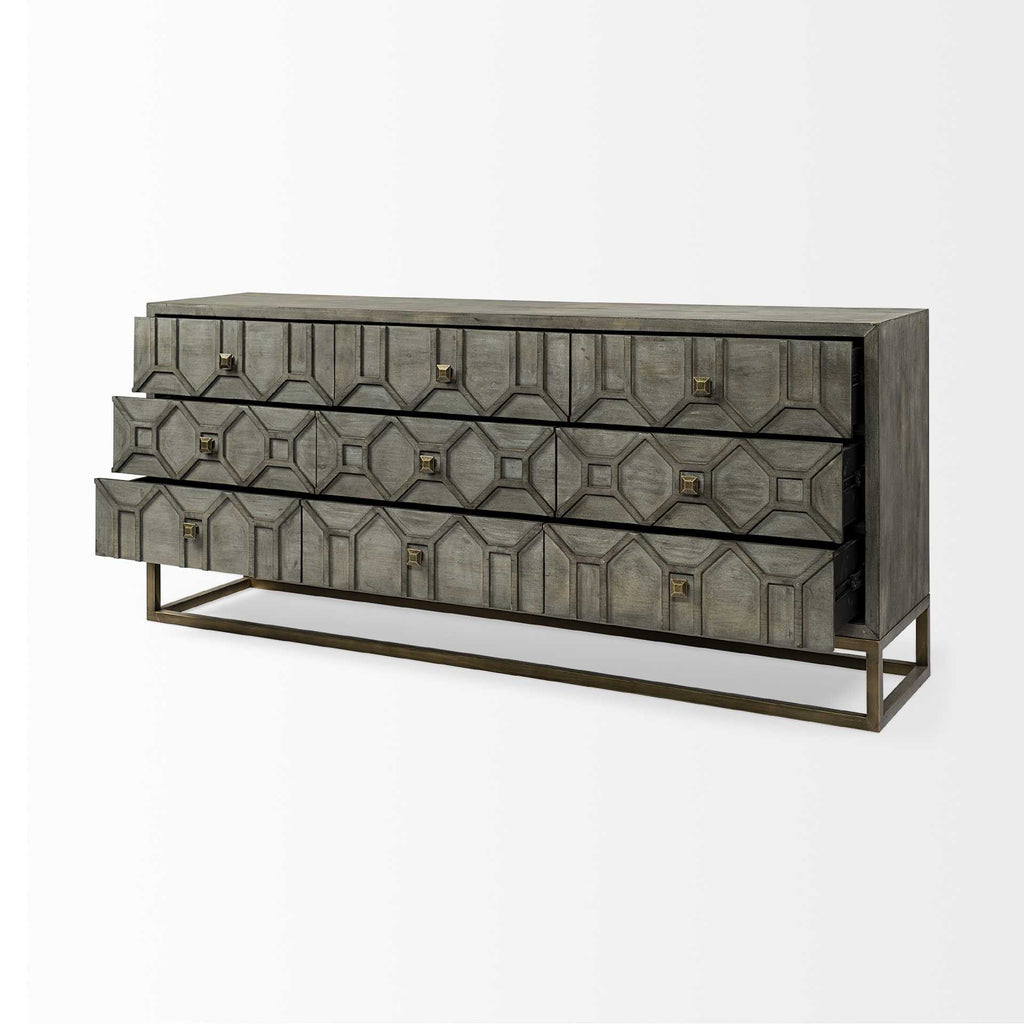 16" Brown And Antiqued Gold Solid Wood Nine Drawer Sideboard