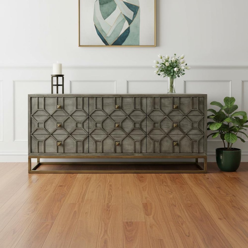 16" Brown And Antiqued Gold Solid Wood Nine Drawer Sideboard