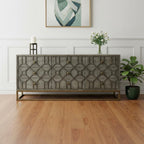 16" Brown And Antiqued Gold Solid Wood Nine Drawer Sideboard