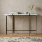 49" White and Brass Genuine Marble and Iron Distressed Six Leg Console Table