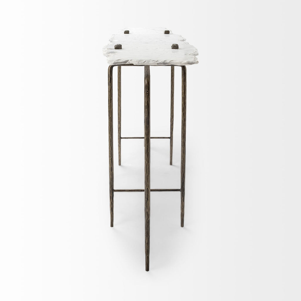 49" White and Brass Genuine Marble and Iron Distressed Six Leg Console Table