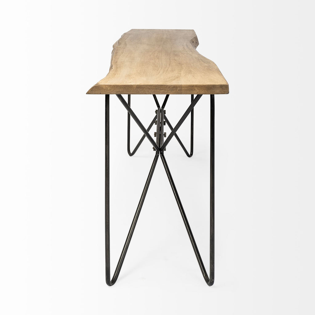 66" Natural and Black Solid Wood and Iron Distressed Abstract Console Table