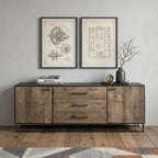 82" Brown and Black Solid Wood Three Drawer Sideboard with Two Doors