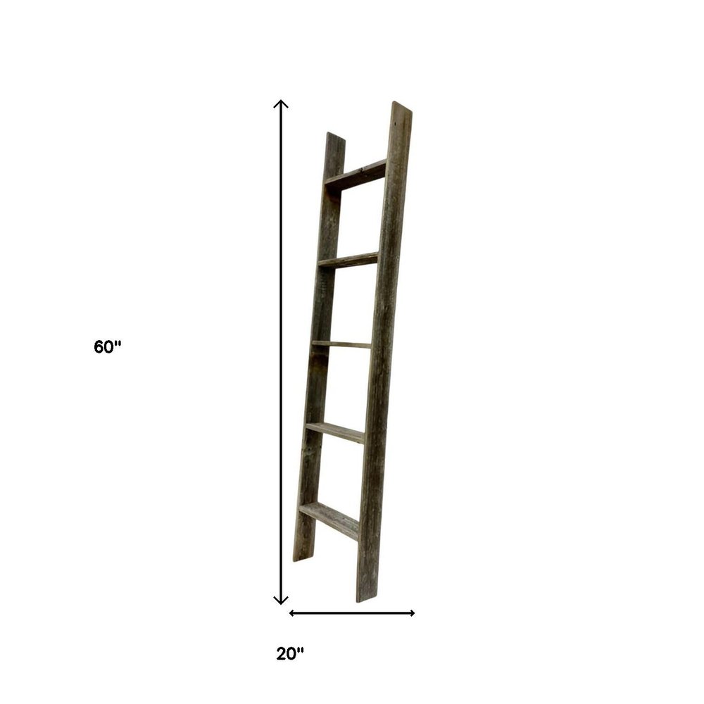 60" Gray Distressed Solid Wood Five Step Ladder Shelf