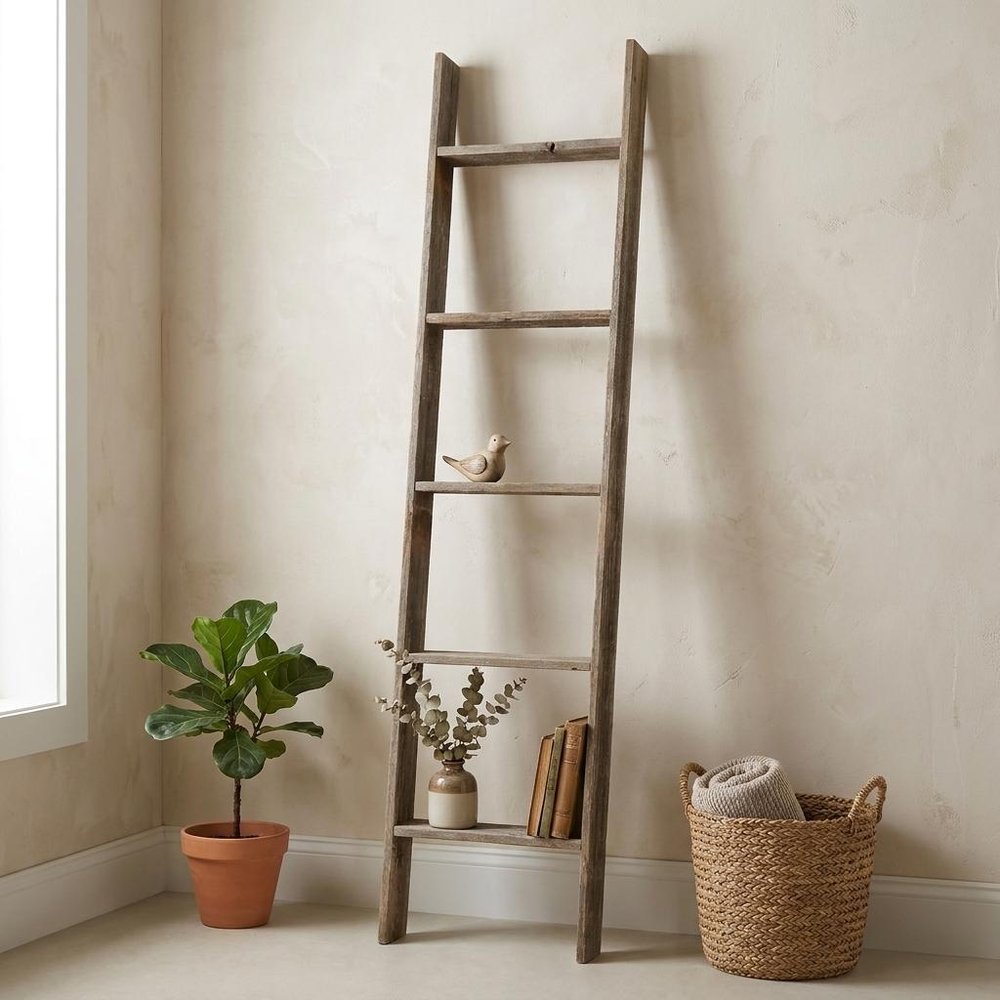 60" Gray Distressed Solid Wood Five Step Ladder Shelf