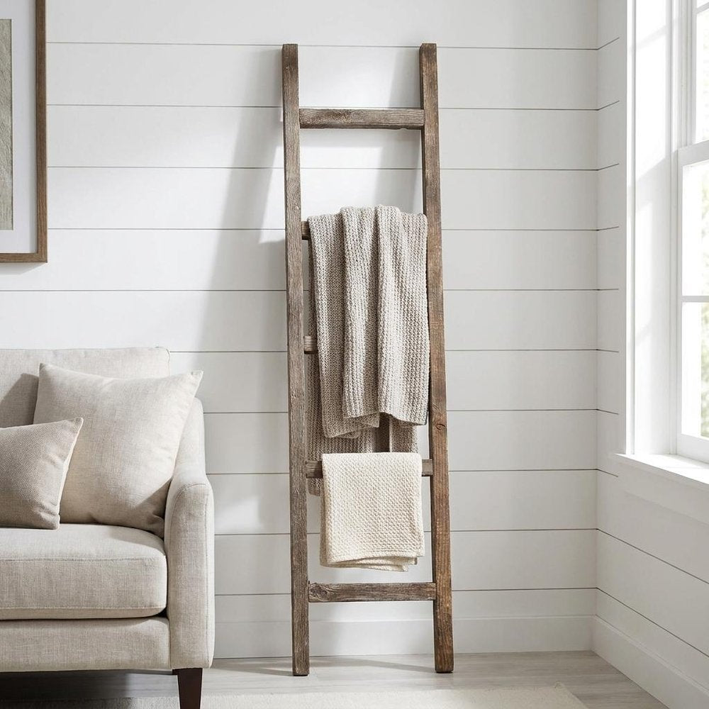 60" Espresso Distressed Solid Wood Five Step Ladder Shelf