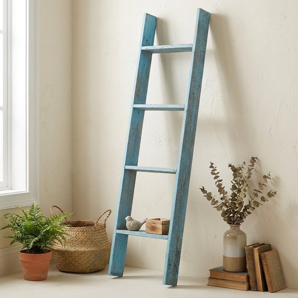 57" Turquoise Distressed Solid Wood Five Step Ladder Shelf