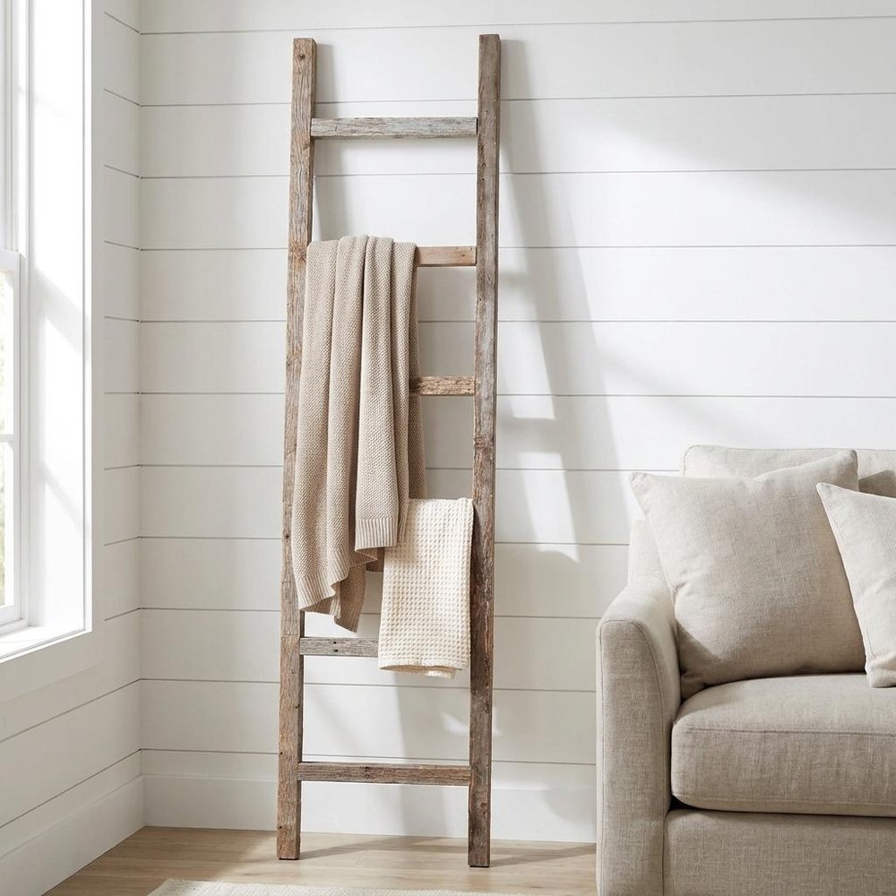 72" Gray Distressed Solid Wood Seven Step Ladder Shelf