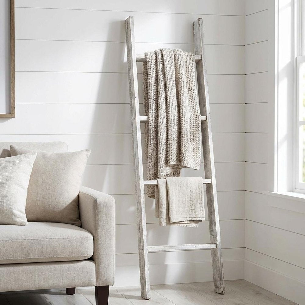 49" White Distressed Solid Wood Four Step Ladder Shelf