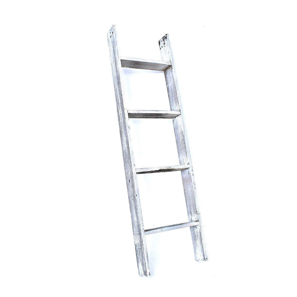 49" White Distressed Solid Wood Four Step Ladder Shelf