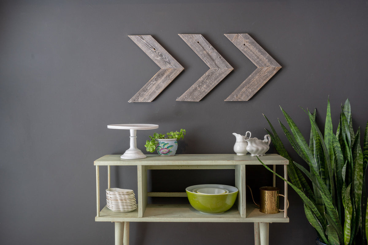 Set of Three Gray Distressed Wood Hanging Arrow Dimensional Sculptures