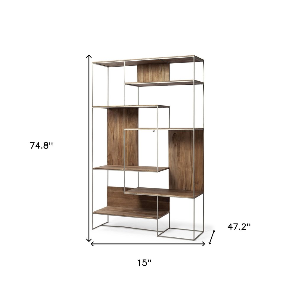 75" Brown And Silver Metal and Wood Six Tier Bookcase