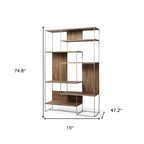 75" Brown And Silver Metal and Wood Six Tier Bookcase