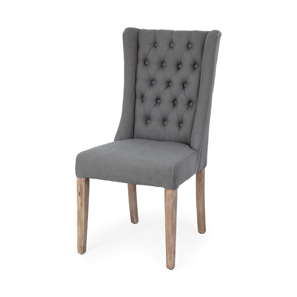 Tufted Cream and Brown Upholstered Linen Wing Back Dining Side Chair