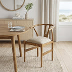 Beige And Brown Upholstered Fabric Wishbone Back
