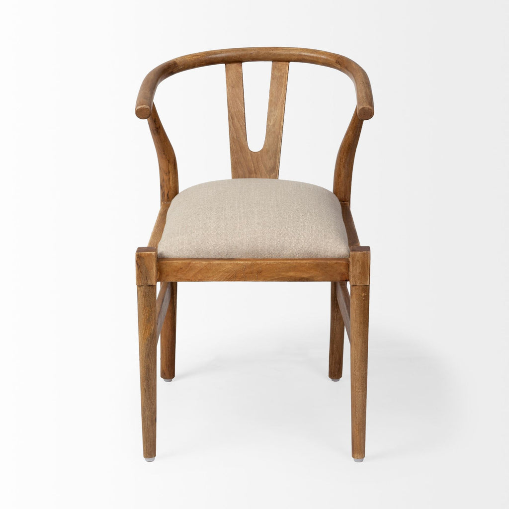 Beige And Brown Upholstered Fabric Wishbone Back