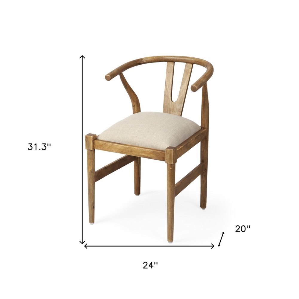 Beige And Brown Upholstered Fabric Wishbone Back