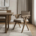 Cream And Brown Upholstered Fabric Open Back Dining Arm Chair
