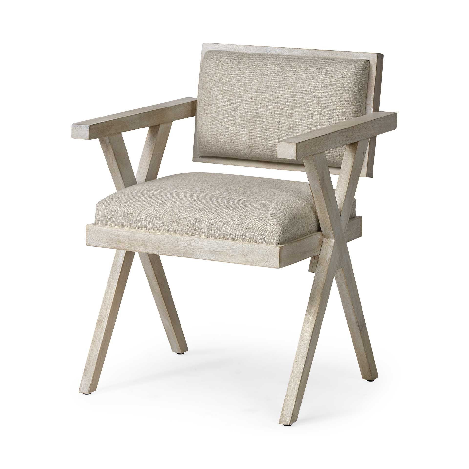 Cream And Brown Upholstered Fabric Open Back Dining Arm Chair