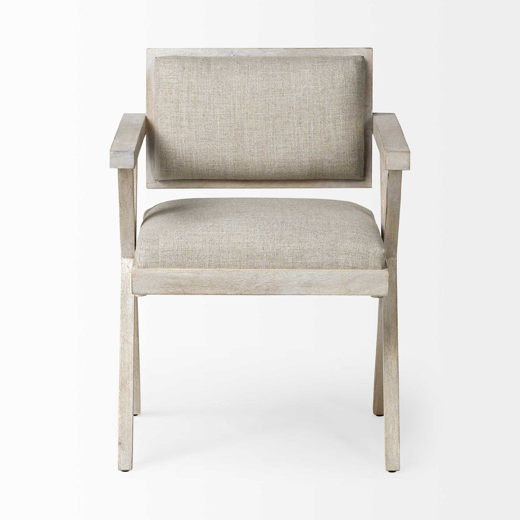 Cream And Brown Upholstered Fabric Open Back Dining Arm Chair