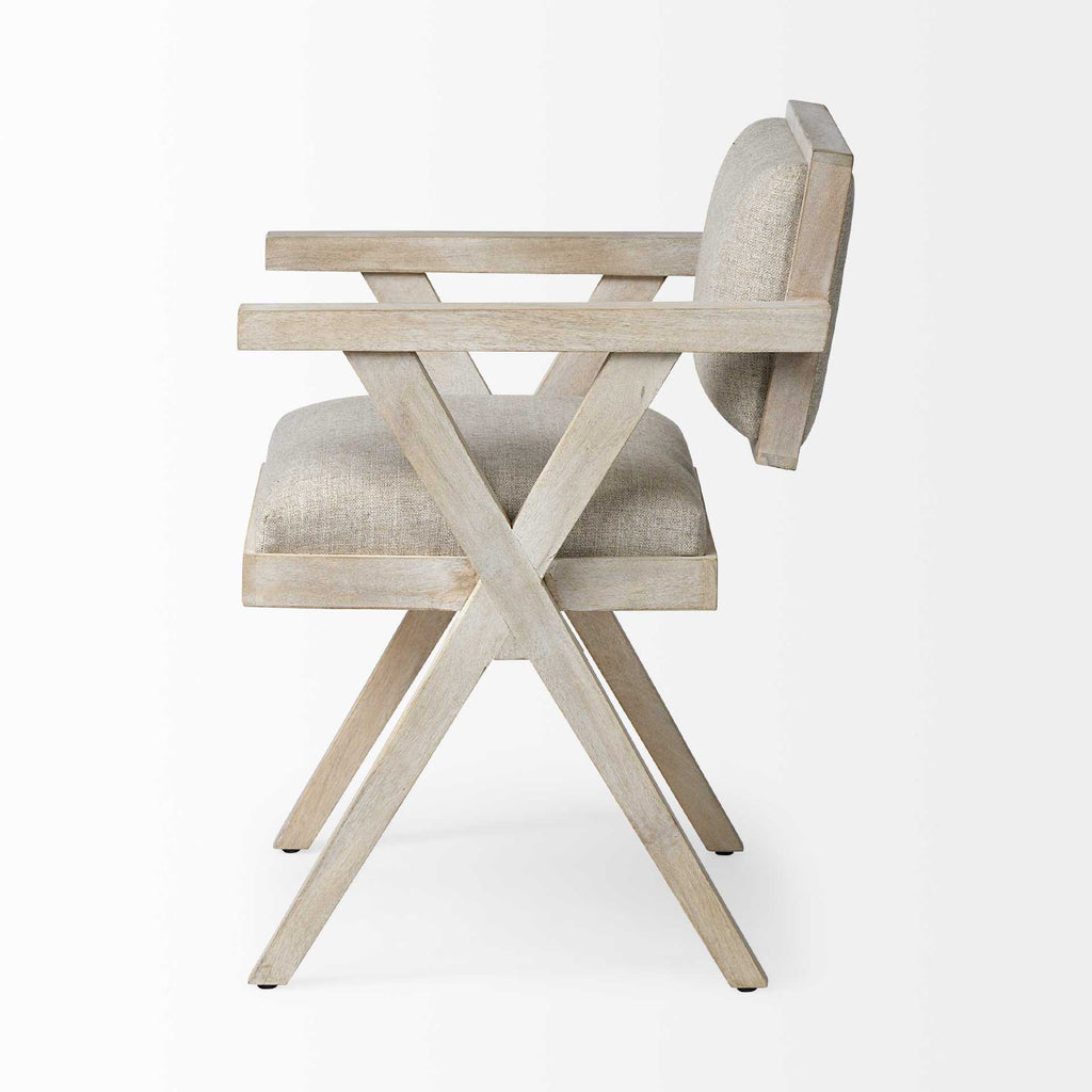 Cream And Brown Upholstered Fabric Open Back Dining Arm Chair