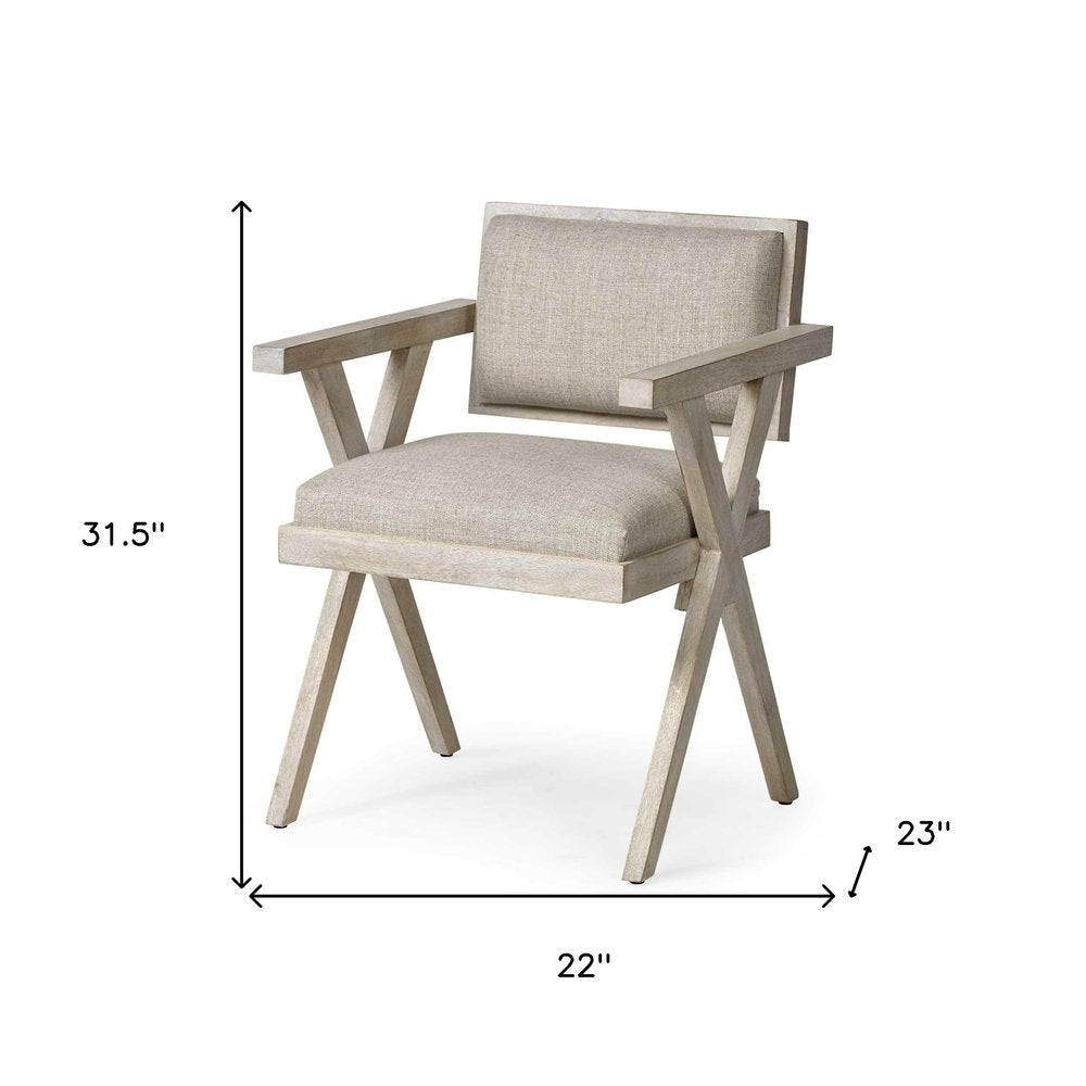 Cream And Brown Upholstered Fabric Open Back Dining Arm Chair