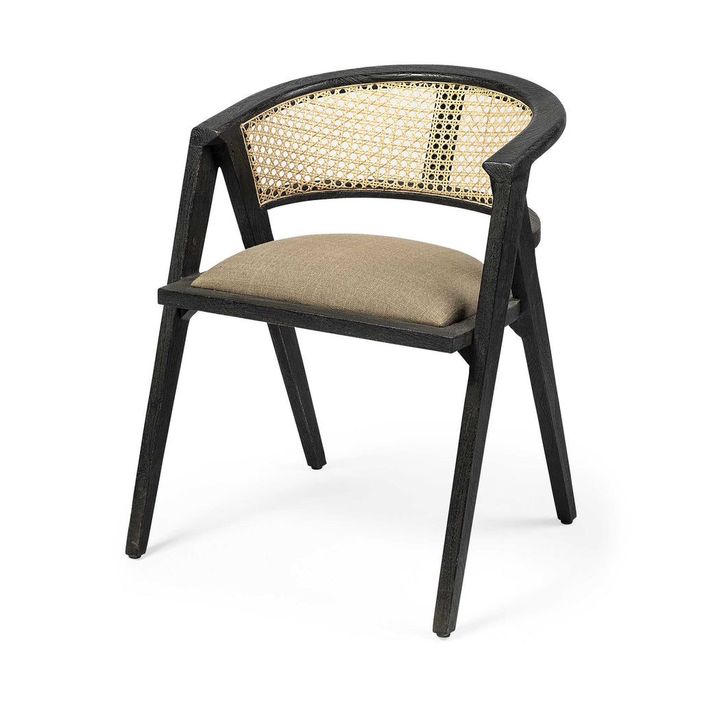 Beige And Gray Upholstered Linen Curved Back Dining Arm Chair