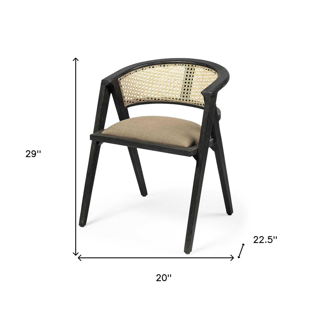 Beige And Gray Upholstered Linen Curved Back Dining Arm Chair
