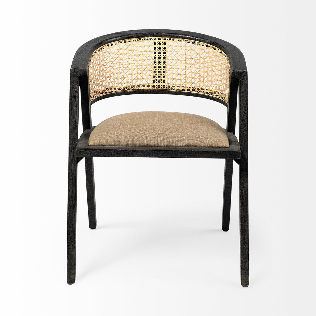 Beige And Gray Upholstered Linen Curved Back Dining Arm Chair