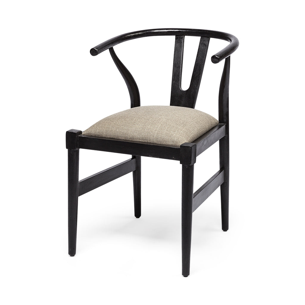 Beige And Brown Upholstered Fabric Wishbone Back