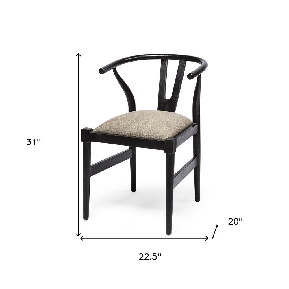 Beige And Brown Upholstered Fabric Wishbone Back