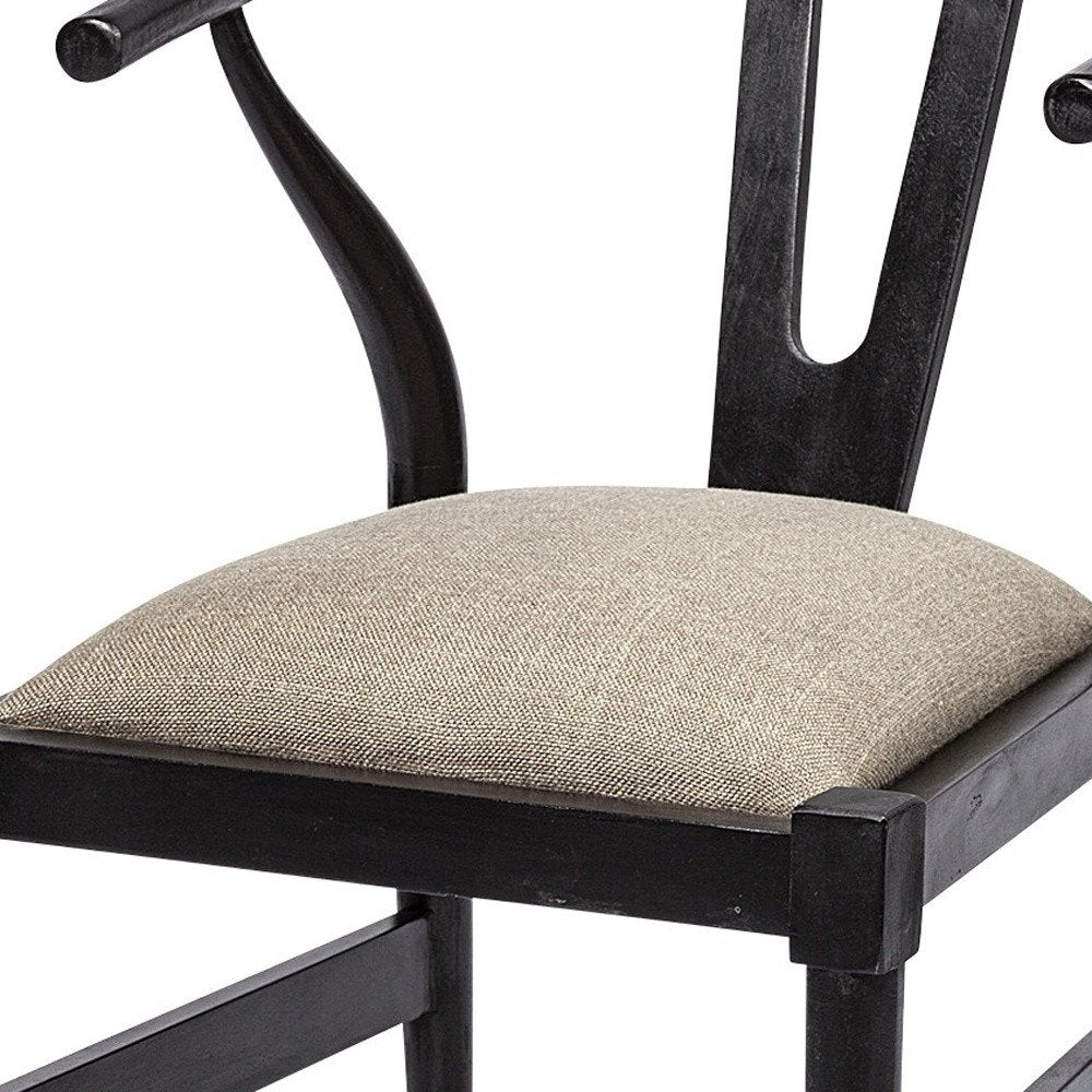 Beige And Brown Upholstered Fabric Wishbone Back
