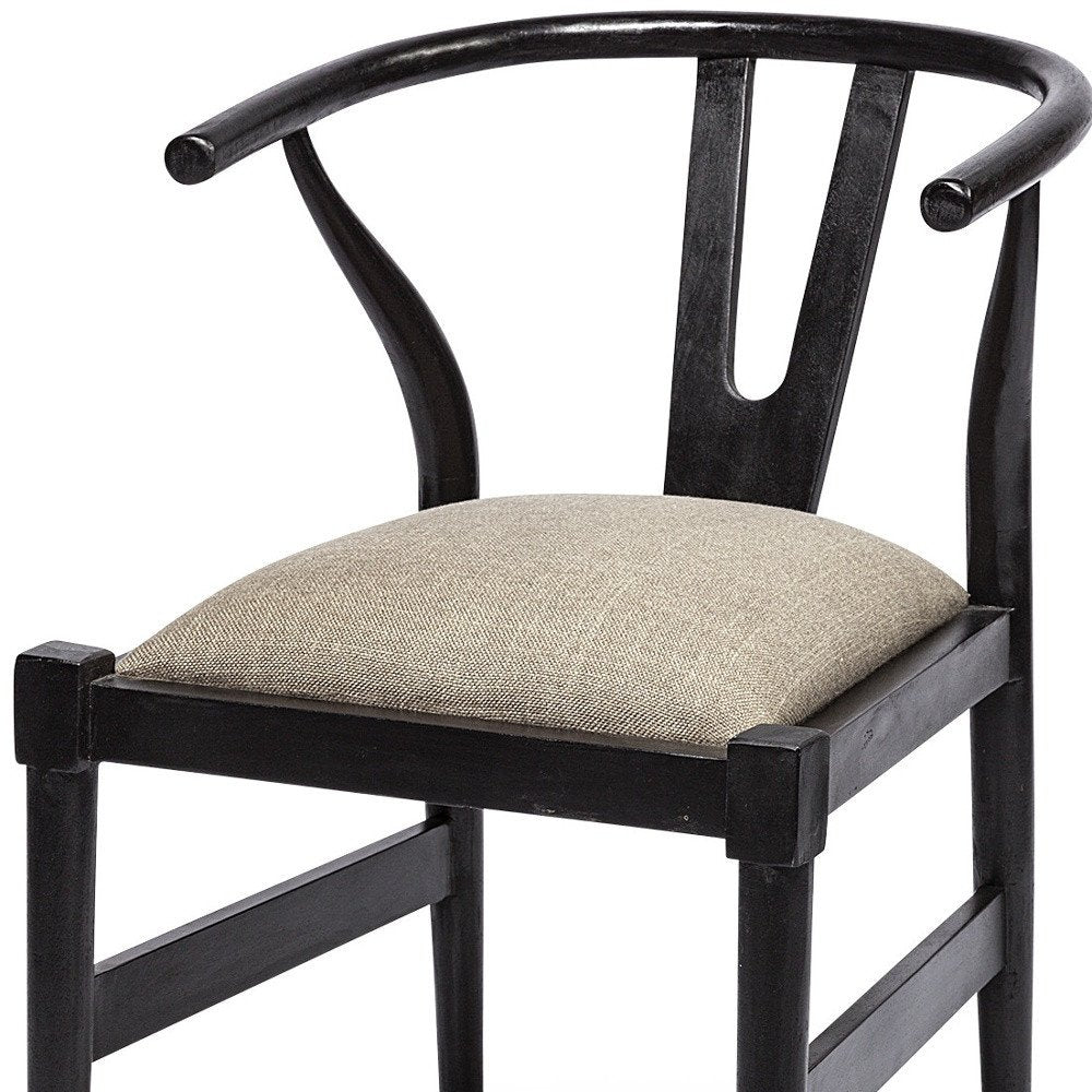 Beige And Brown Upholstered Fabric Wishbone Back