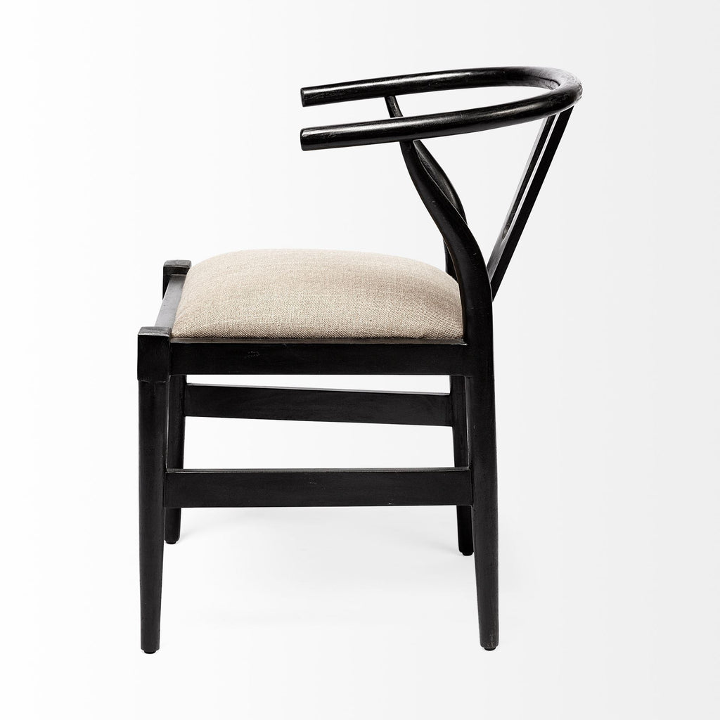 Beige And Brown Upholstered Fabric Wishbone Back