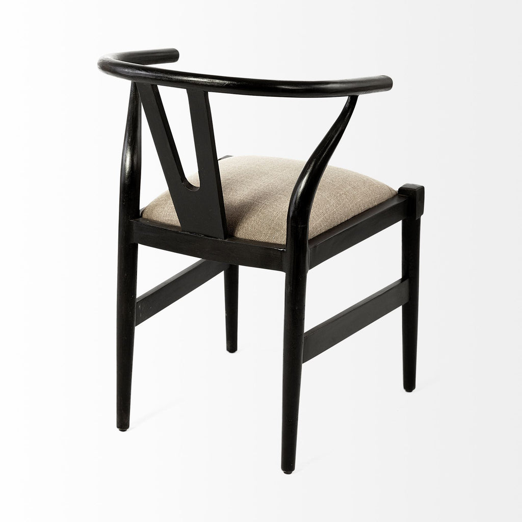 Beige And Brown Upholstered Fabric Wishbone Back