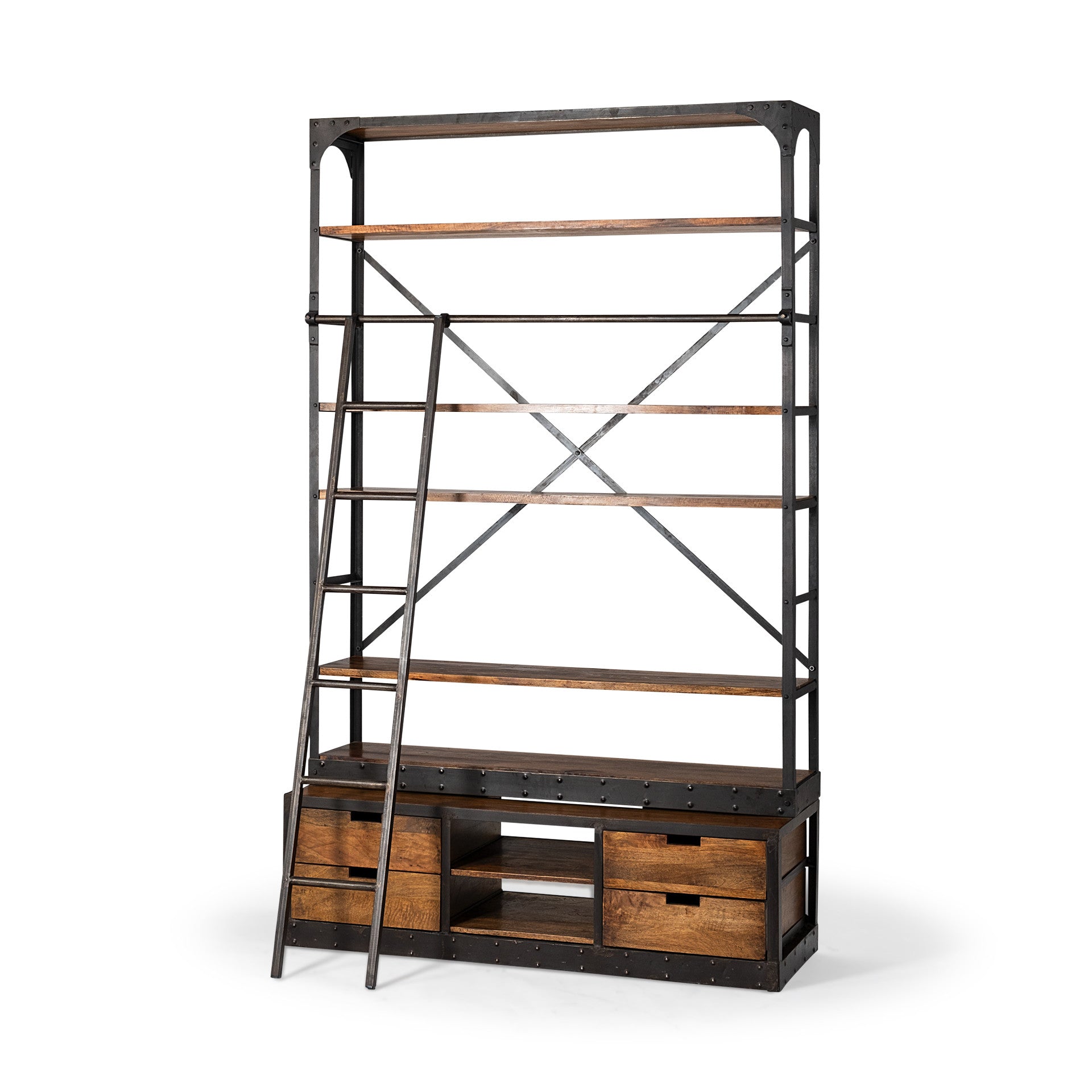 94" Black And Brown Distressed Copper and Wood Four Tier Library Bookcase with Four Drawers