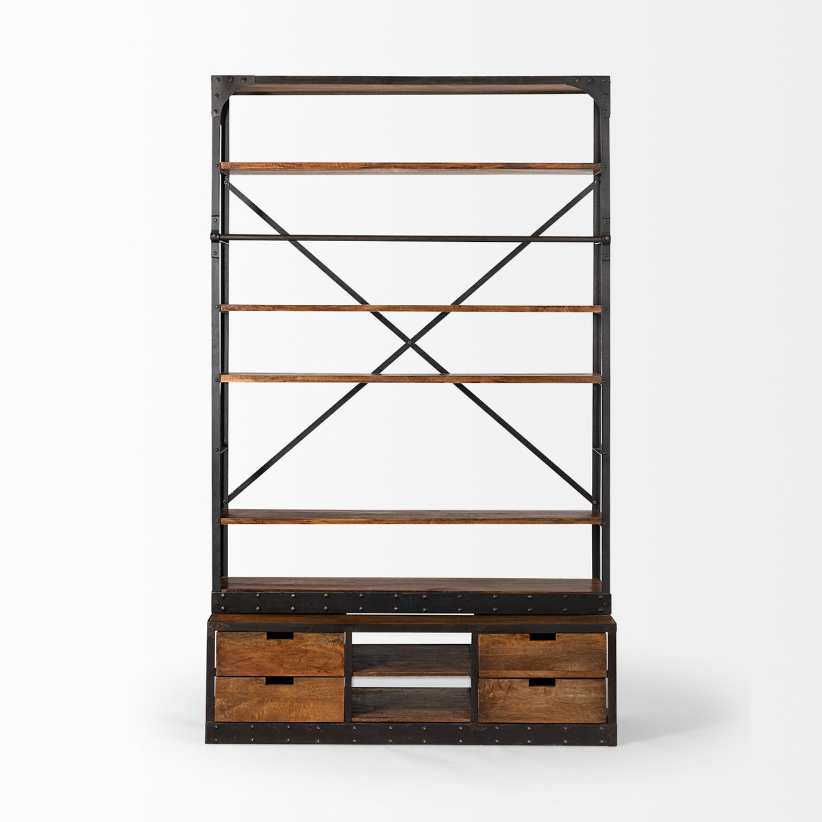 94" Black And Brown Distressed Copper and Wood Four Tier Library Bookcase with Four Drawers