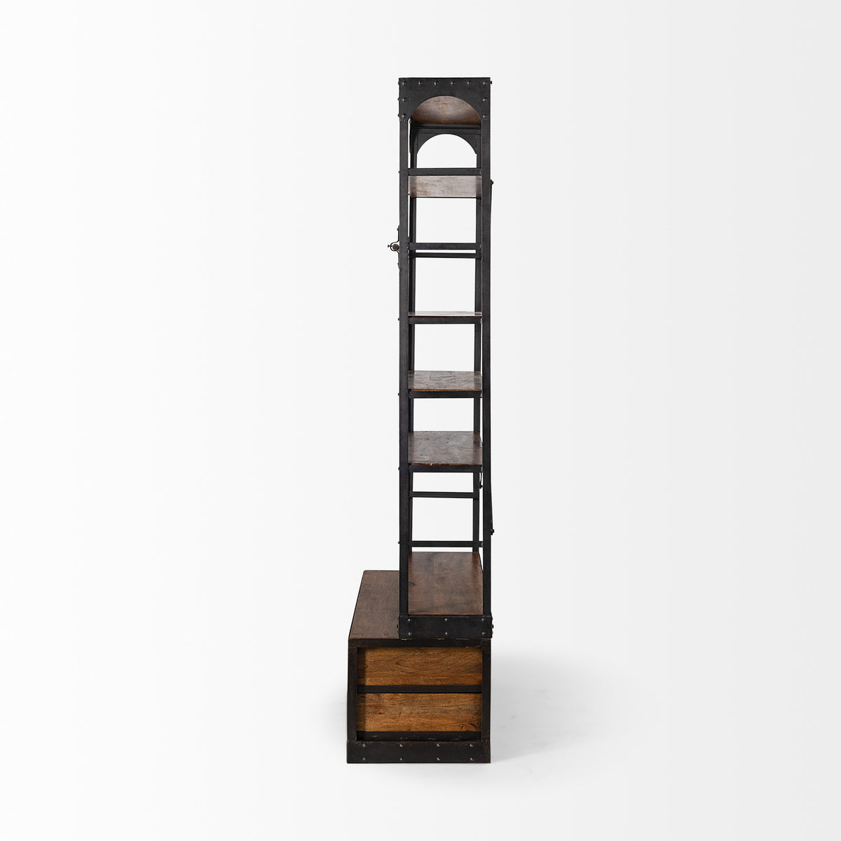 94" Black And Brown Distressed Copper and Wood Four Tier Library Bookcase with Four Drawers
