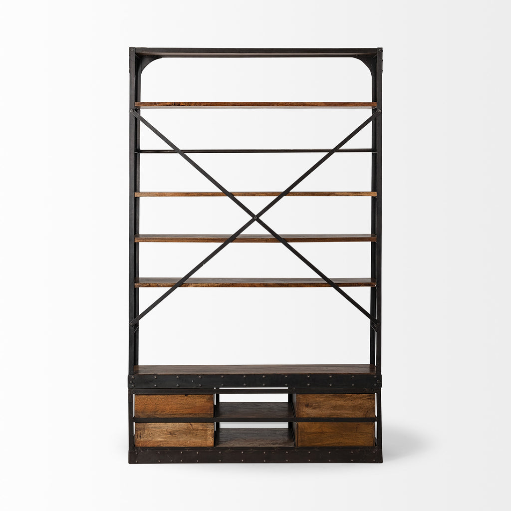 94" Black And Brown Distressed Copper and Wood Four Tier Library Bookcase with Four Drawers