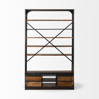 94" Black And Brown Distressed Copper and Wood Four Tier Library Bookcase with Four Drawers