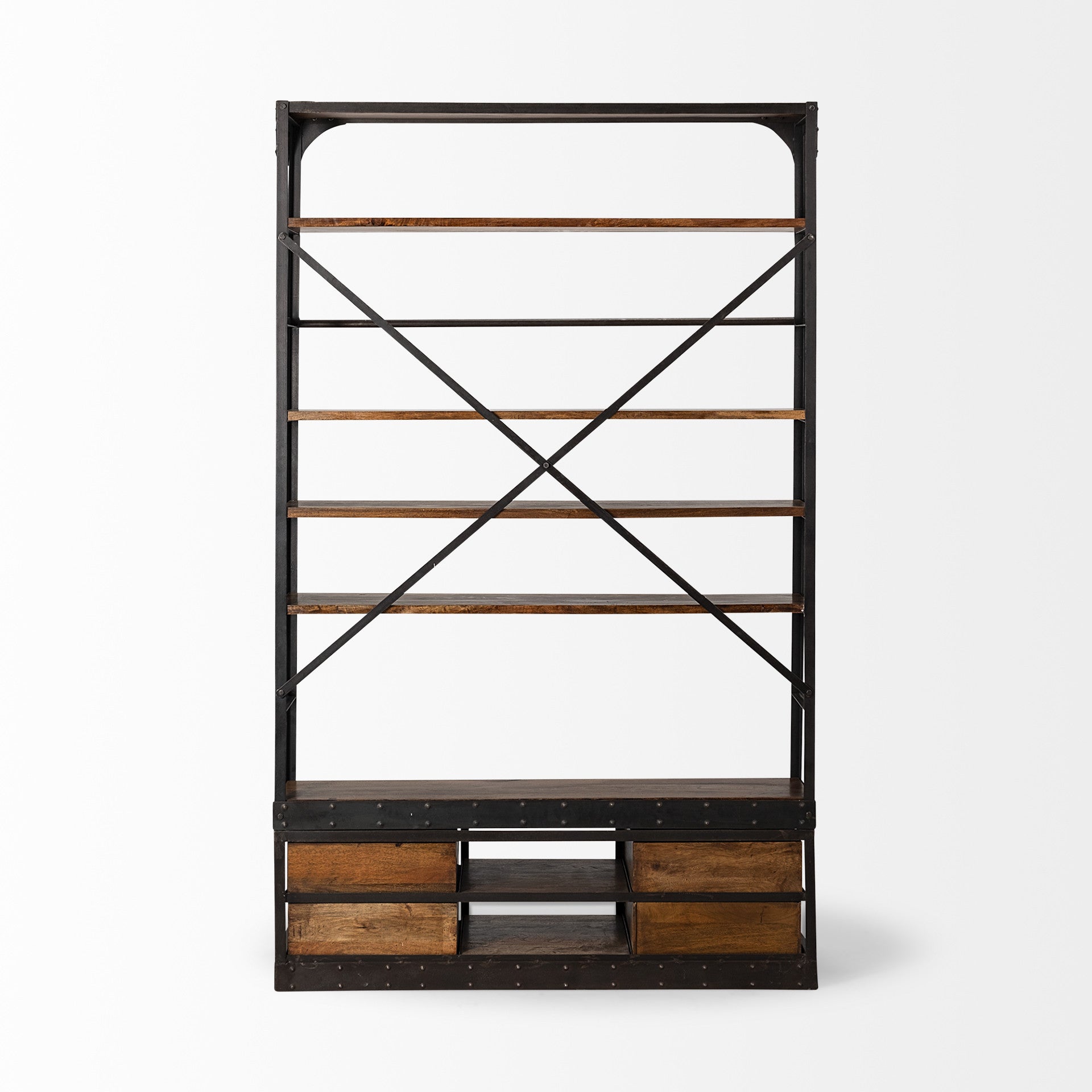 94" Black And Brown Distressed Copper and Wood Four Tier Library Bookcase with Four Drawers