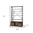 94" Black And Brown Distressed Copper and Wood Four Tier Library Bookcase with Four Drawers