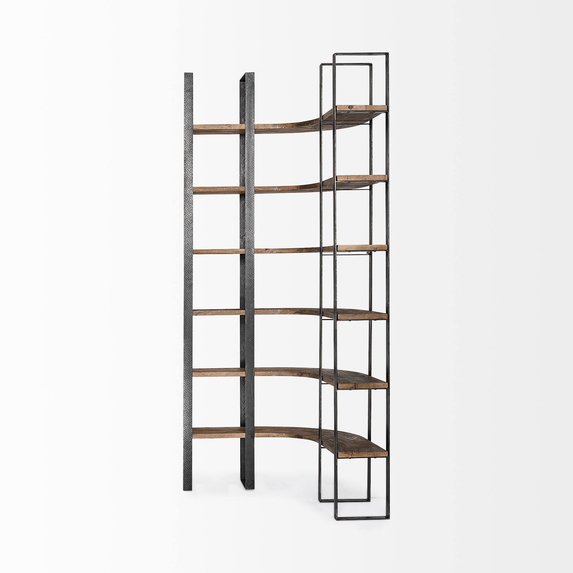 90" Black And Brown Iron and Wood Six Tier Bookcase