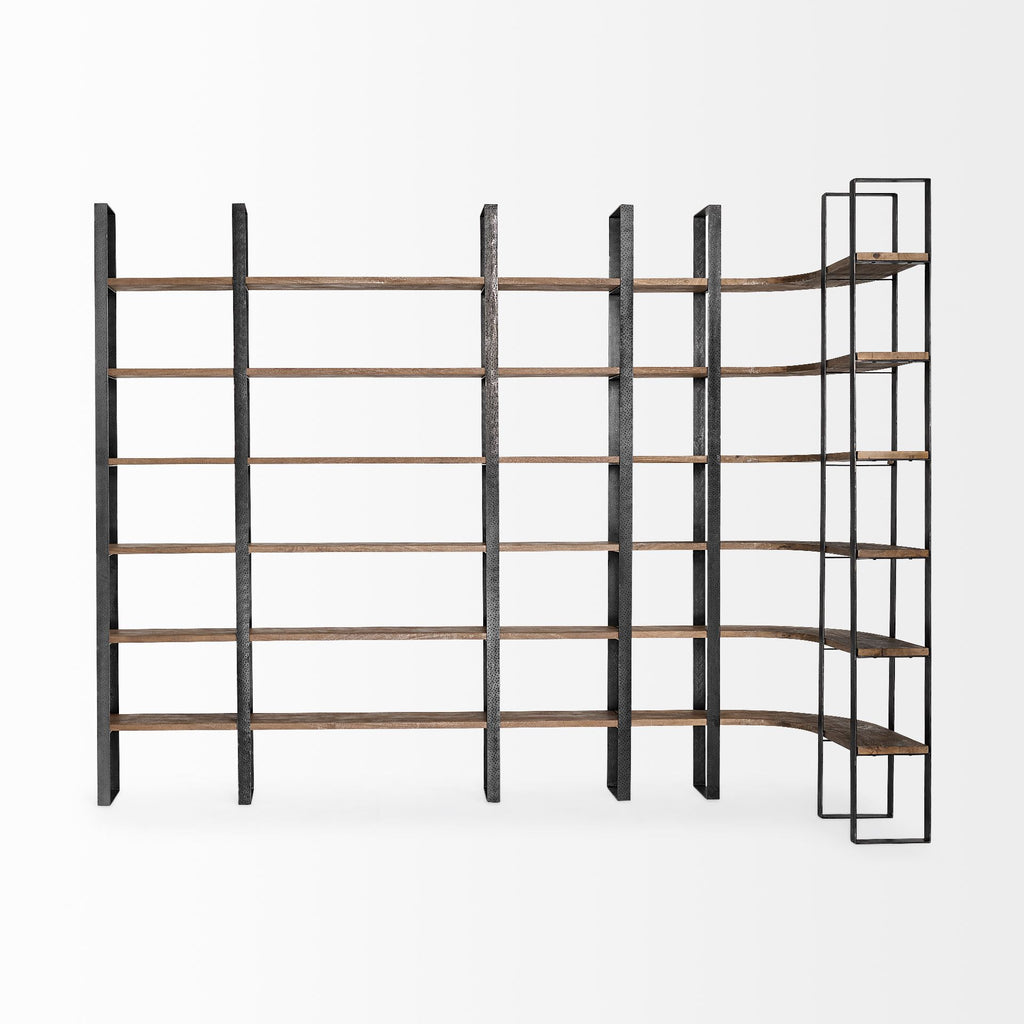90" Black And Brown Iron and Wood Six Tier Bookcase