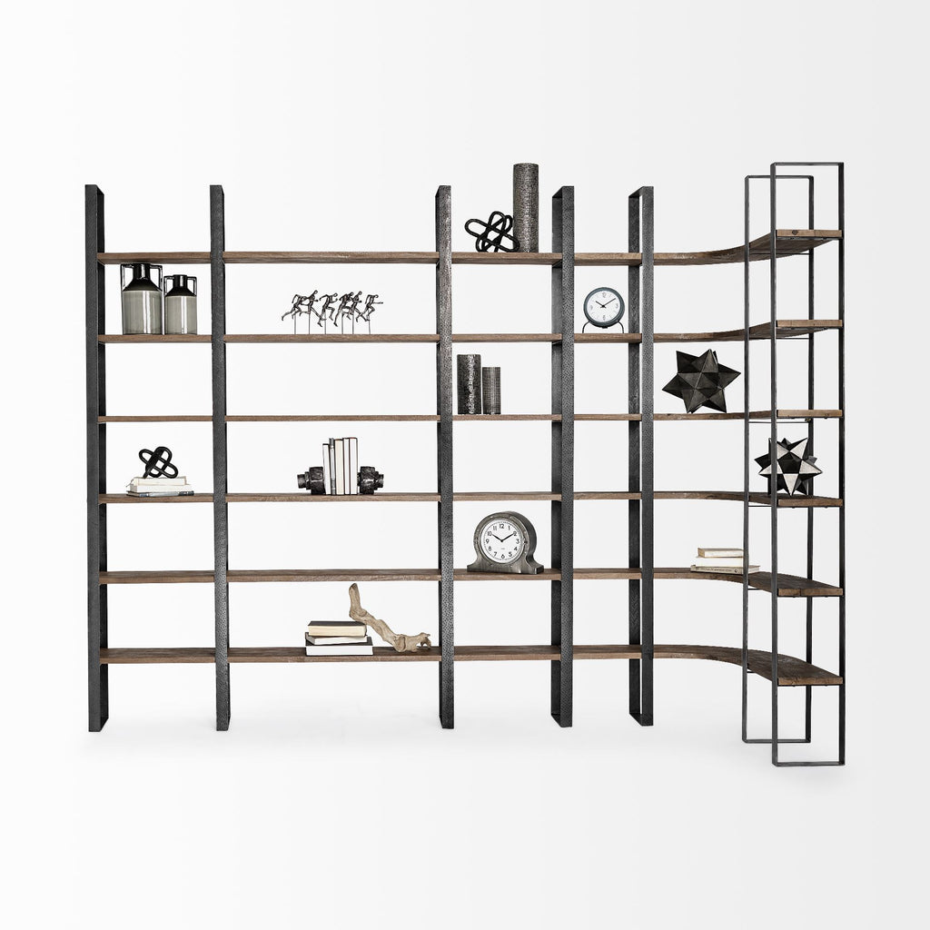 90" Black And Brown Iron and Wood Six Tier Bookcase