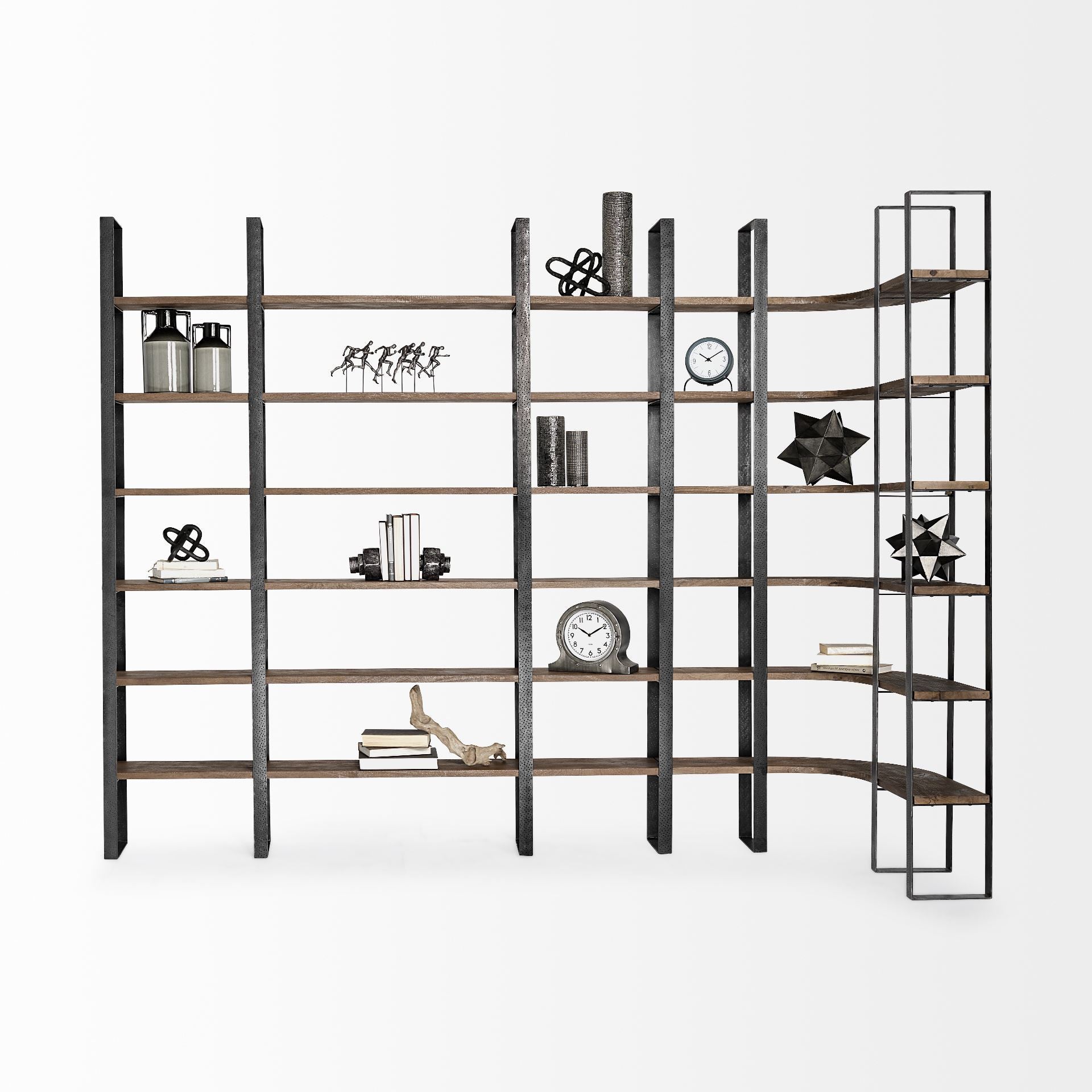 90" Black And Brown Iron and Wood Six Tier Bookcase